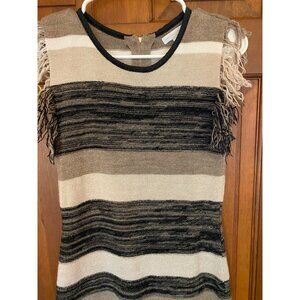 New York & Company Sleeveless Fringe‎ Dress Women XS Black Tan Fitted Knit Midi
